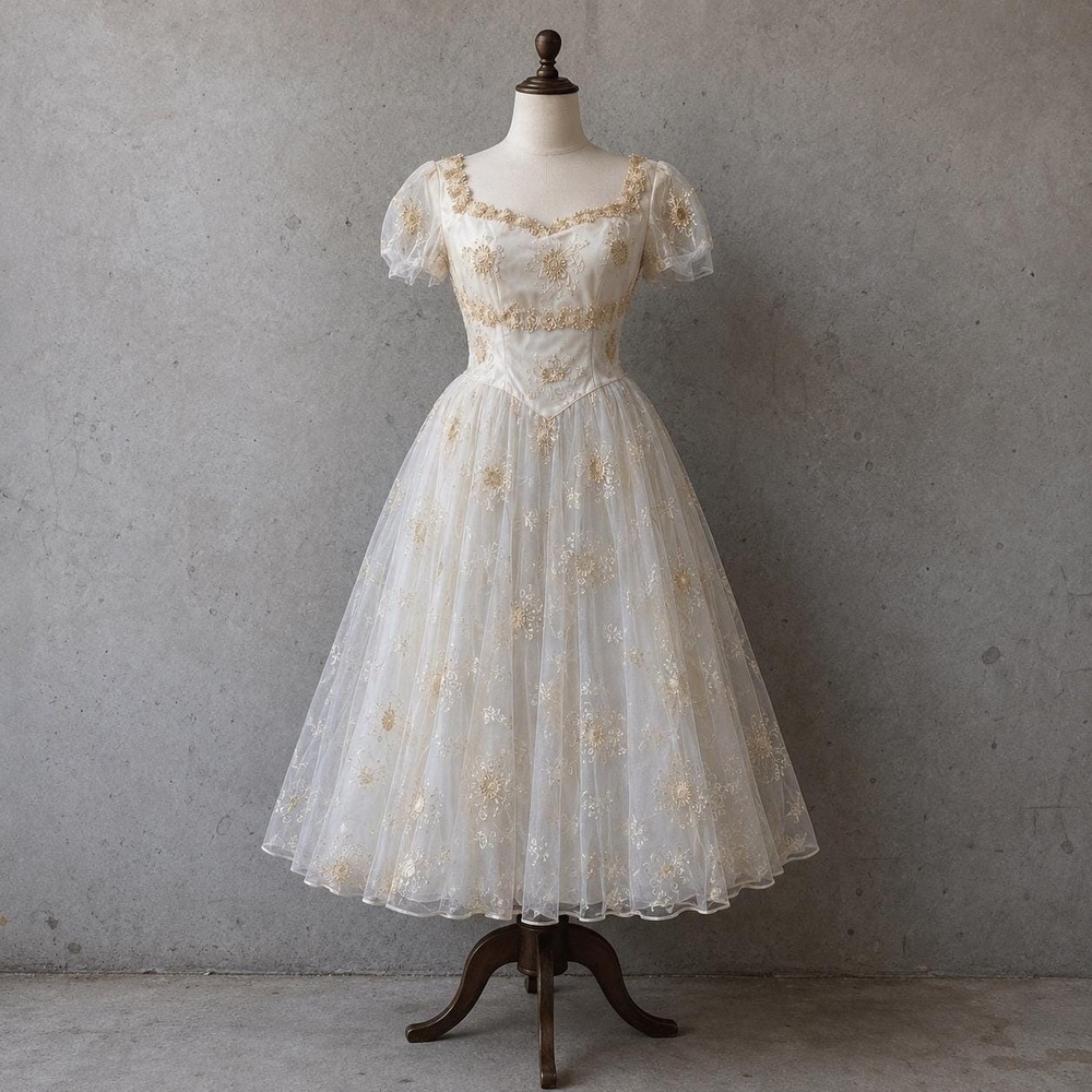 Vintage 80s 90s Ivory Tulle Wedding Dress Basque Waist Puff Sleeve Bridal Gown
